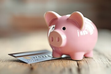 A charming close-up of a pink piggy bank perched on a wooden surface, tilting playfully to the right, inviting dreams of savings with its vibrant hue and whimsical angle