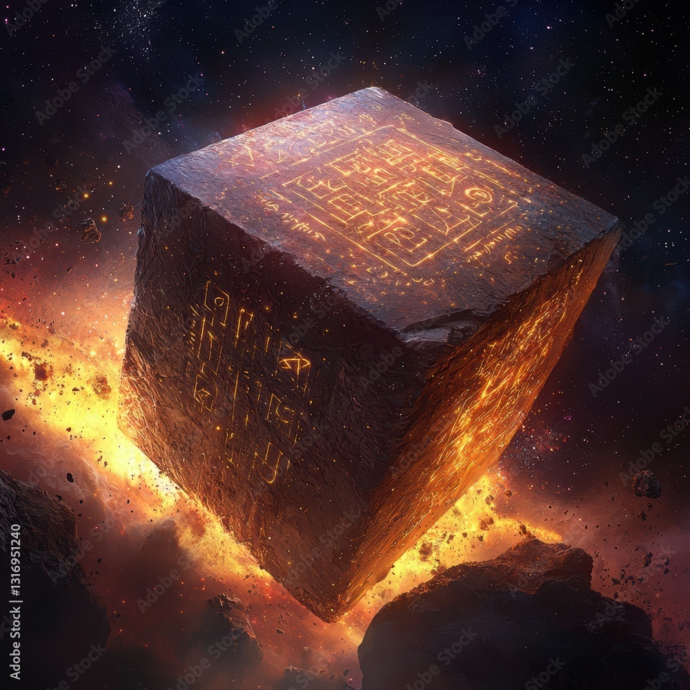 Poster mysterious cosmic cube with ancient symbols in space background