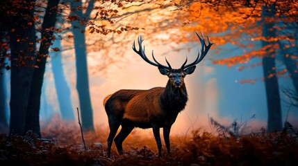 Majestic red deer stag in autumn forest.