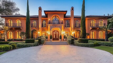 Luxury contemporary two-story mansion with a grand entrance, sleek lighting, and lush surroundings.