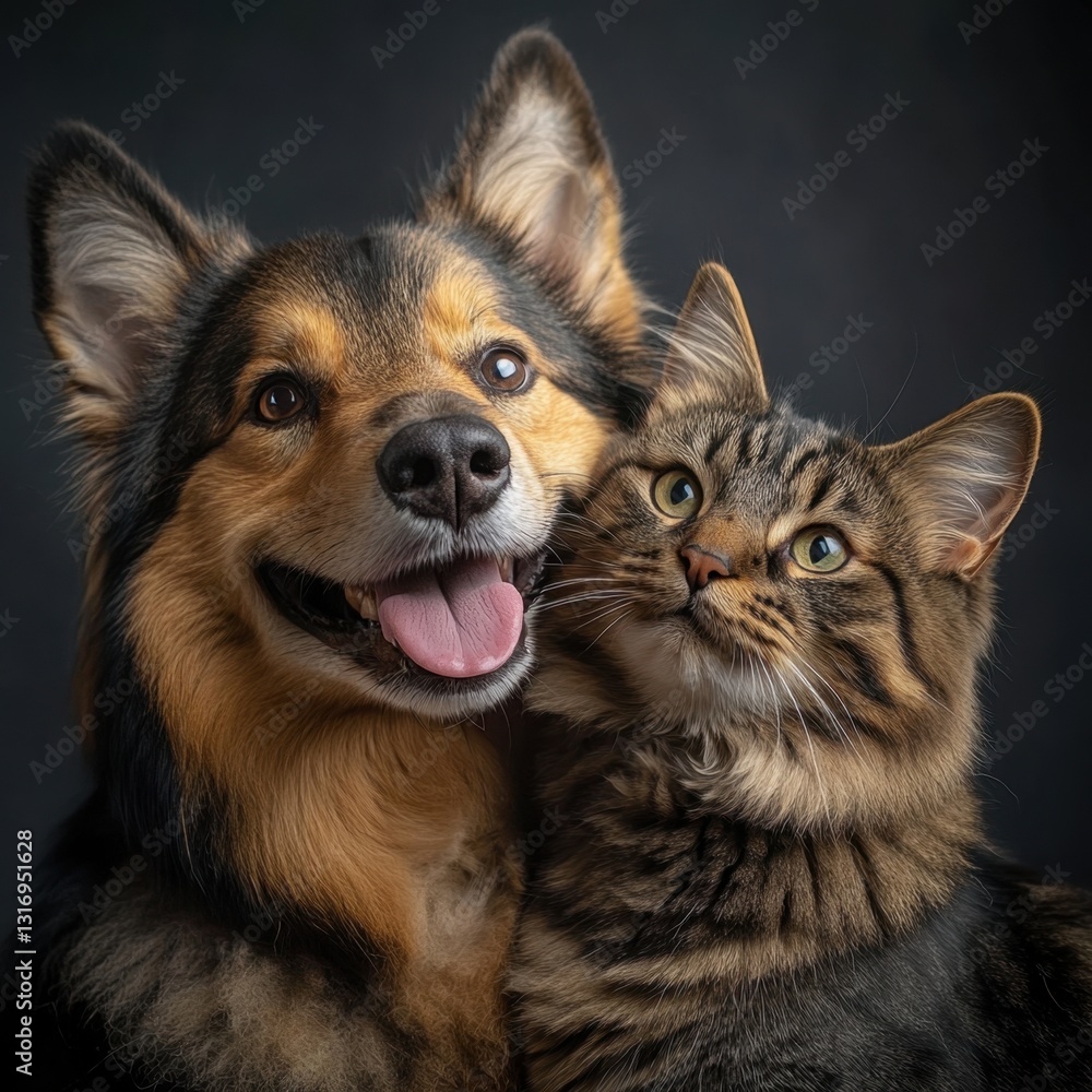 Poster adorable friendship between a happy dog and a cute cat in a studio setting with a dark background ca