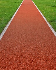 Perspective View of a Red Running Track Surrounded by Green Grass on a Sunny Day Outdoors