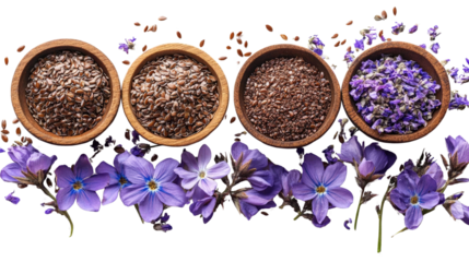 Flax Seed Varieties: A vibrant composition showcasing flax seeds in wooden bowls, interspersed with delicate blue flax flowers.