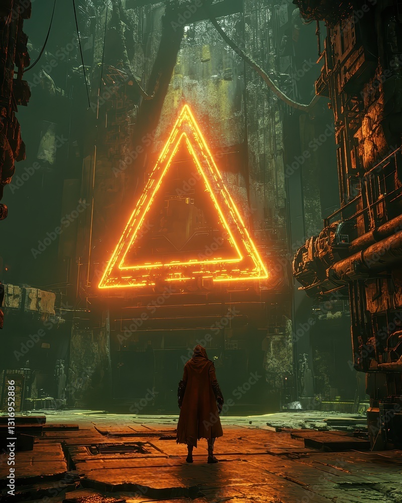 Poster mysterious figure in sci-fi environment with glowing triangle sign