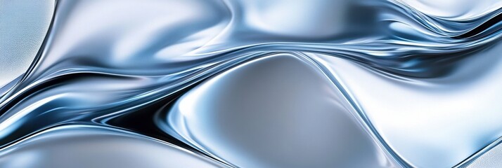 Abstract background, liquid metal texture, blue and silver colors, smooth curves, modern design for a banner, poster, or presentation