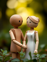 Obraz premium Sad single wooden figure is looking on couple in love.