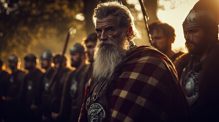 Obraz premium A strong leader stands among warriors in a dramatic scene. The golden light sets the mood for epic tales. This image evokes ancient battles and bravery. Generative AI