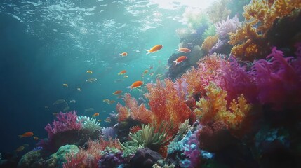 Vibrant coral reef teeming with colorful fish in sunlit ocean.