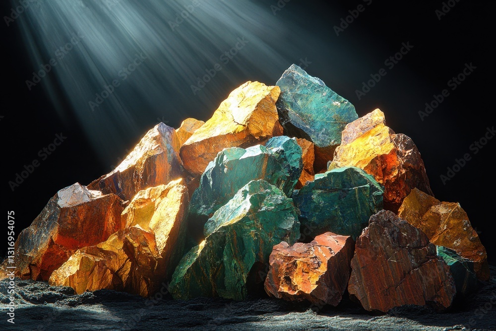 Aufkleber stunning pile of colorful rocks illuminated by ethereal light on a black background creating a capti
