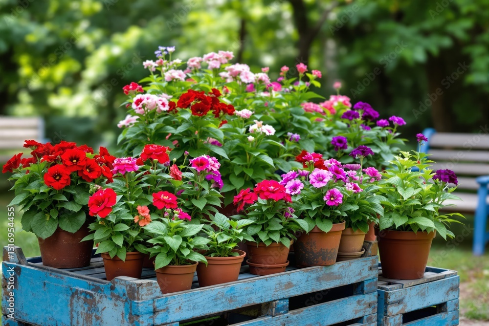 Poster vibrant flowers in pots on a rustic wooden table in a garden setting.