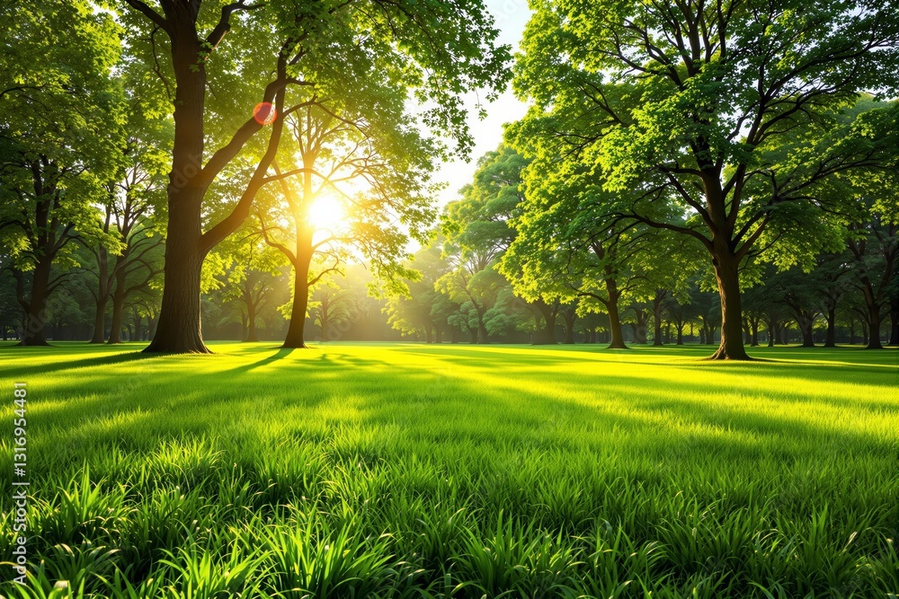 Poster sunlight filtering through lush green trees in a serene park background.