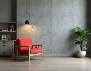 The style is a 3D model with an octane render volumetric, highly detailed for videogame design. A red armchair with a wooden frame, two hanging lamps, 