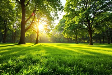 Obraz premium Sunlight filtering through lush green trees in a serene park background.