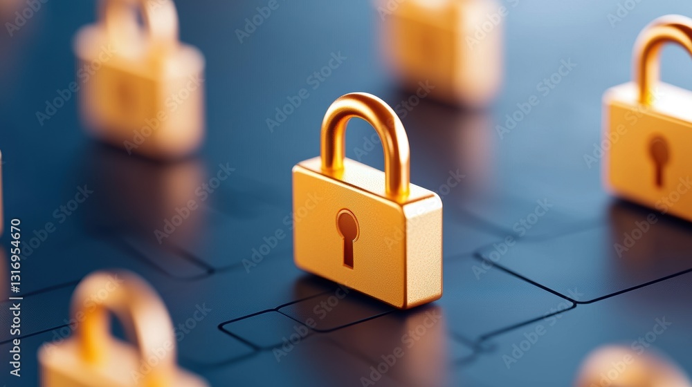 Poster a close-up of golden padlocks on a digital surface, symbolizing security, protection, and data encry