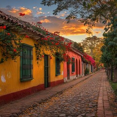 Obraz premium Colorful colonial street with cobblestone road and vibrant bougainvillea flowers at sunset in tropical town