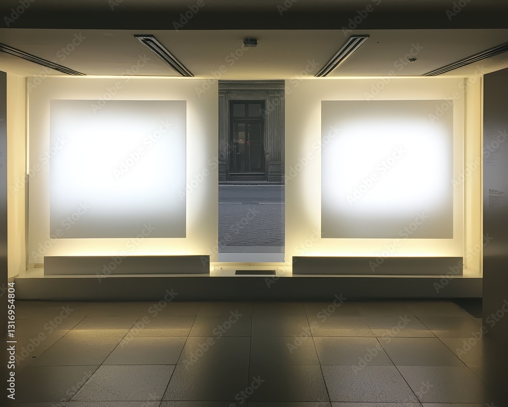 Poster minimalist gallery space with illuminated blank frames and window view