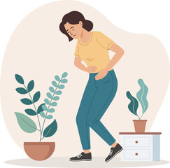 Illustration of a woman holding her stomach in a painful gesture. Stomach ache, cramps, or digestive problems.