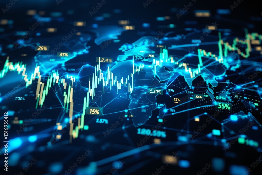 Poster Digital financial market chart with glowing data points on a dark abstract background.