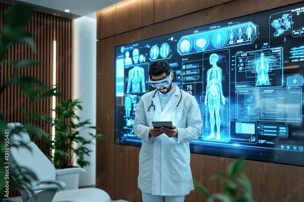 Poster doctor with augmented reality glasses using tablet in futuristic medical lab with holographic interf