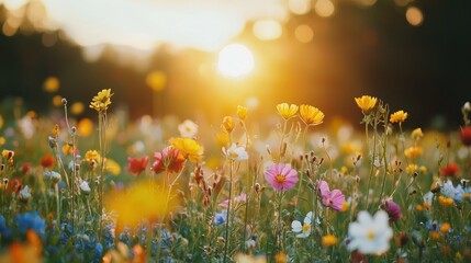 Vibrant wildflowers bathed in golden sunset light.