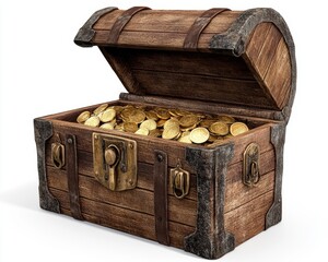 A beautiful antique wooden treasure box with ornate brass hinges and a rustic metal lock