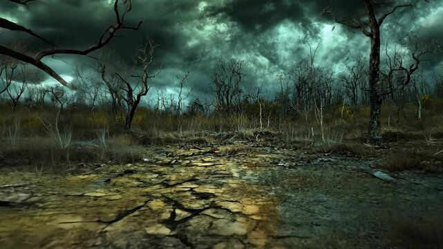 Dark skies loom over a barren landscape with cracked earth and leafless trees at dusk