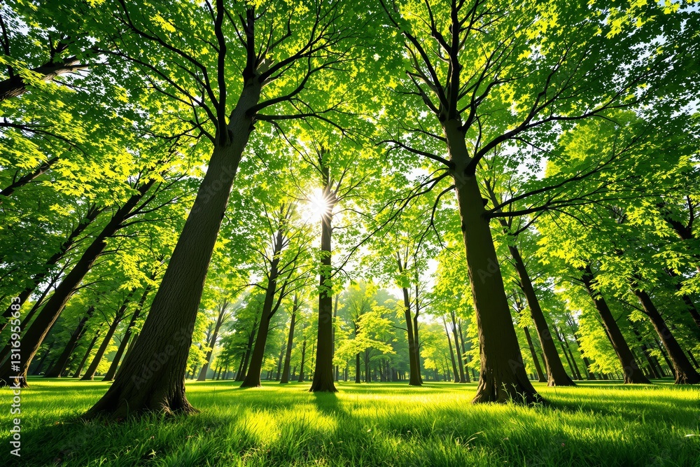 Poster lush green forest with sunlight filtering through tall trees in a serene natural background.
