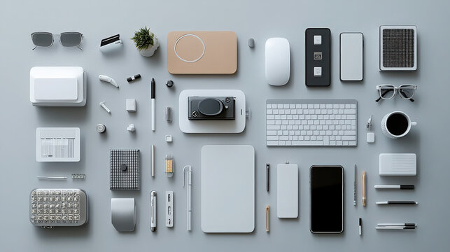 Tech Desktop Organized. Top-down, clean shot of essential tech gadgets, stationery, and accessories. Useful as hero header for tech or design projects.