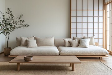 Minimalist, modern japandi interior design of a living room with lattice-like doors and a sofa and wood coffee table. Generative AI
