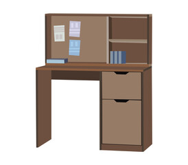 A wooden desk with a bulletin board on the wall