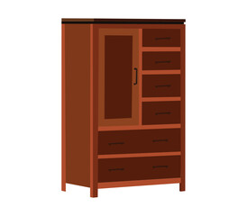 A wooden dresser illustration with a glass door and six drawers