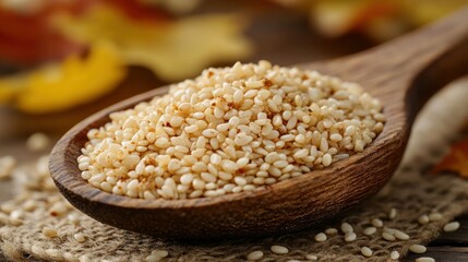 Sesame seeds in wooden spoon