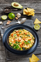 white bean chickpea chili with sausages, zucchini