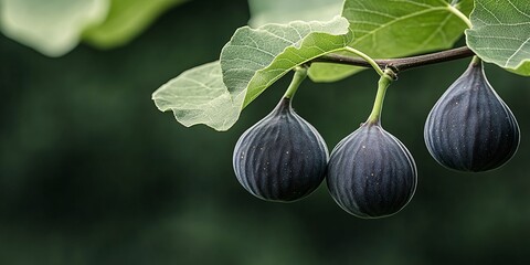 Ripe figs hang from a fig tree branch under soft daylight in a garden setting