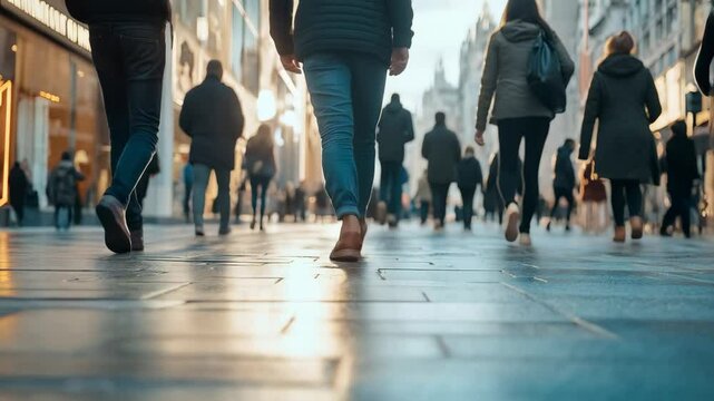 Busy city pedestrians walking on a sunny day in an urban street full of shops and people enjoying the lively atmosphere