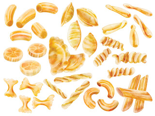 Watercolor Pasta Variety Illustration Set, Hand-painted, Italian Cuisine, Fusilli, Penne, Ravioli, Farfalle, Macaroni, Tortellini, Fettuccine, Spaghetti, Conchiglie, Gourmet Food, Culinary, Cooking