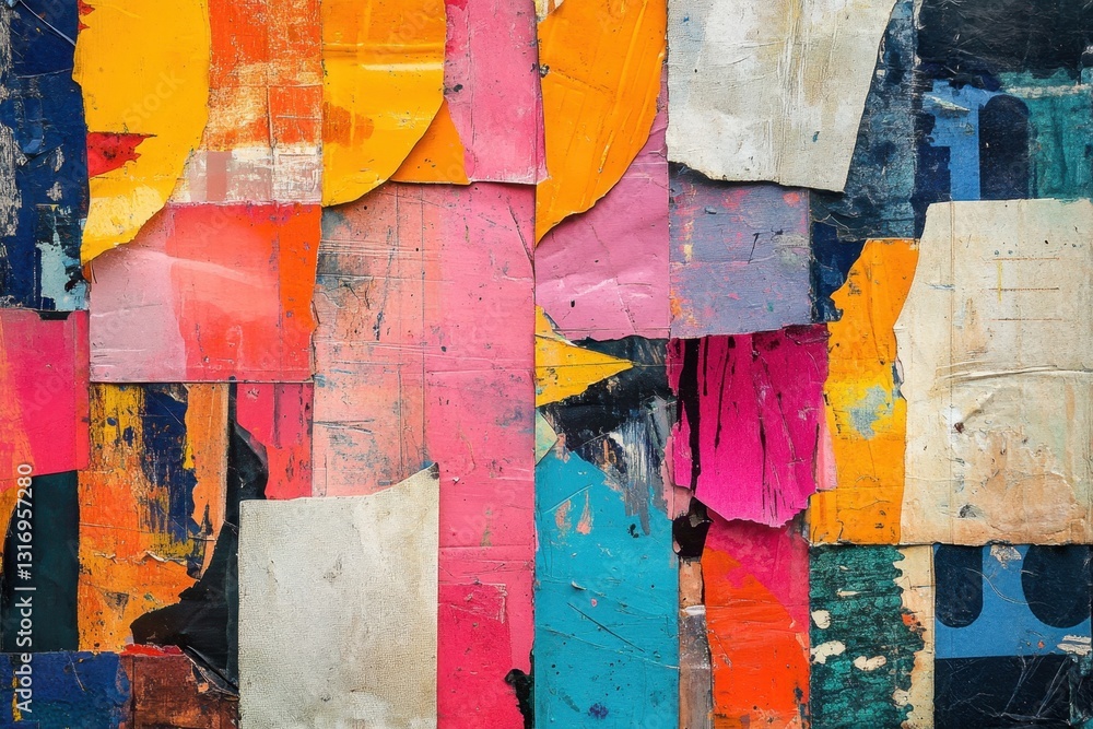 Poster vibrant collage of torn paper fragments creating an abstract artwork with a textured surface and col