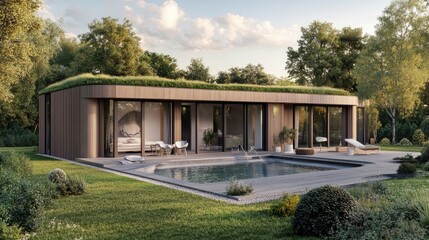 Modern eco-home with a green rooftop and sustainable architecture.