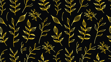 Luxury floral pattern with hand drawn leaves. Elegant white background in minimalistic linear style. with black background
