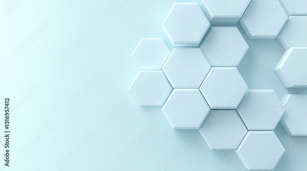 Poster a minimalist design featuring white hexagonal tiles on a light blue background, creating a modern an