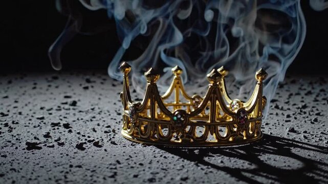 medieval-style crown lying on the ground, against a dark background. Smoke , ash and fire sparks are flying from behind it. The close-up image shows a single golden metal medieval king's royal tiara	
