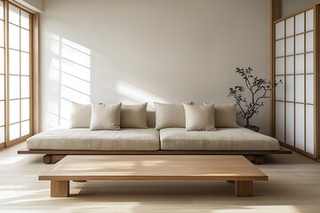 Minimalist, modern japandi interior design of a living room with lattice-like doors and a sofa and wood coffee table. Generative AI
