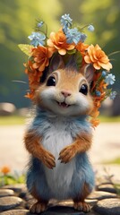 A Delightful Squirrel Adorned with a Vibrant Floral Crown
