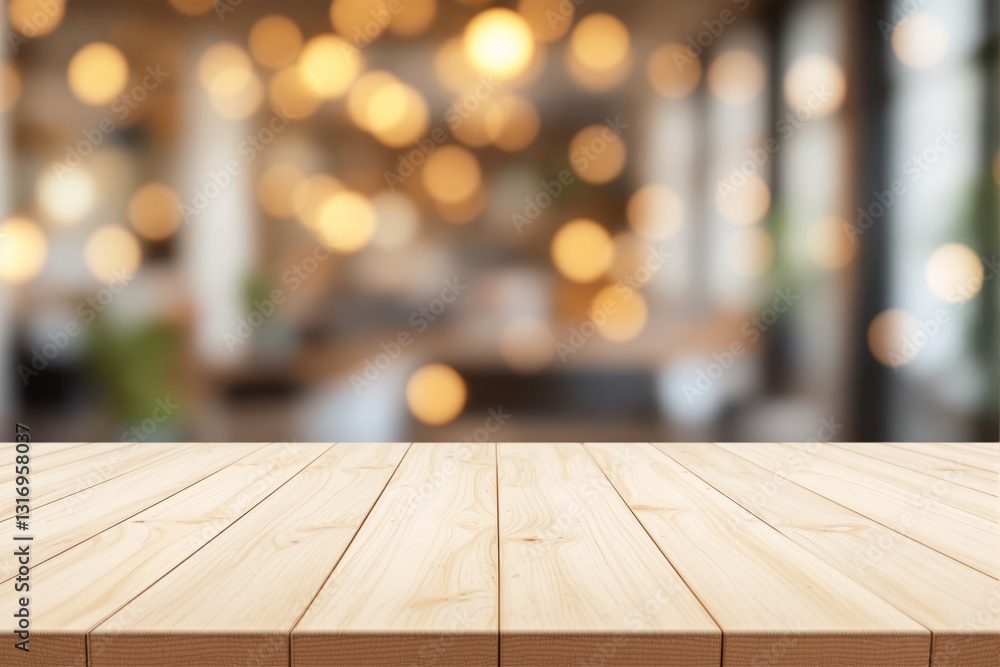 Poster wooden table surface with blurred warm bokeh lights background.