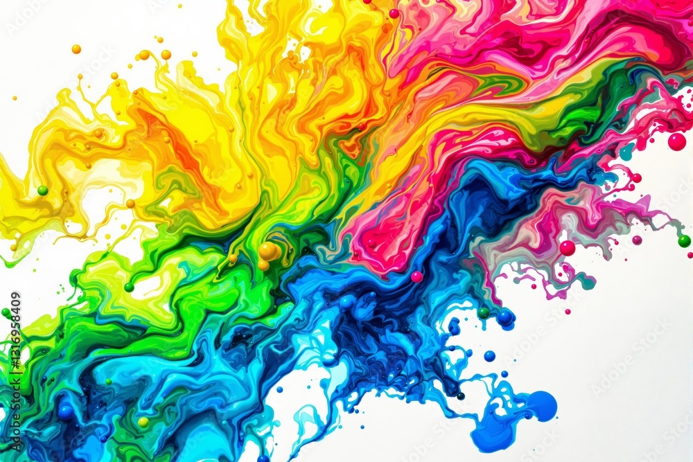 Poster abstract colorful paint splashes with fluid motion on white background.
