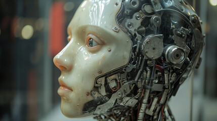 Closeup of a futuristic female robot head with visible internal mechanisms eye grey face gears metal