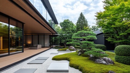 Fototapeta premium Modern Japanese home with sharp angles, sleek furniture, and a spacious garden with stone paths and bonsai trees.