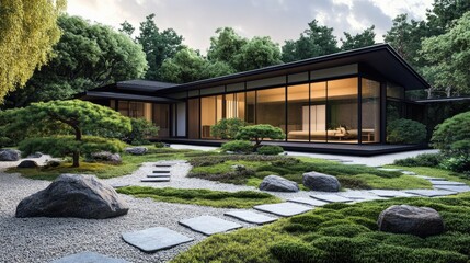 Fototapeta premium Modern Japanese home with sharp angles, sleek furniture, and a spacious garden with stone paths and bonsai trees.