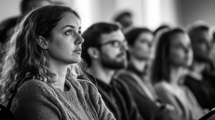 Obraz premium Attentive young woman listening in a group audience black and white photography face eyes hair event