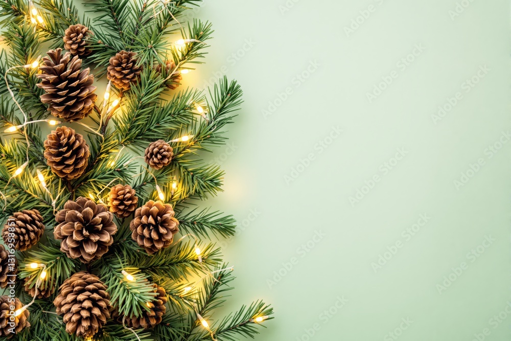 Poster Pine branches and pinecones decorated with string lights on a light green background.